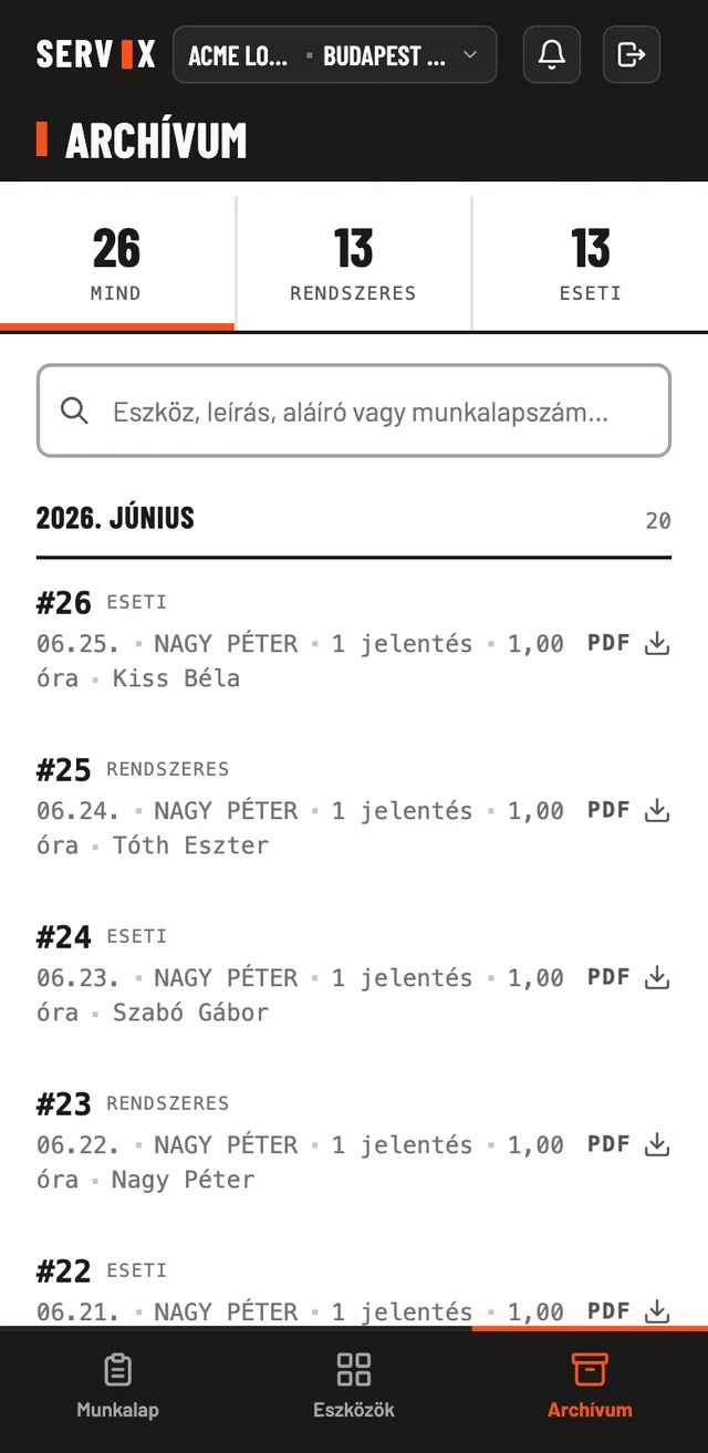 Servix kereshető, aláírt PDF-munkalap archívum