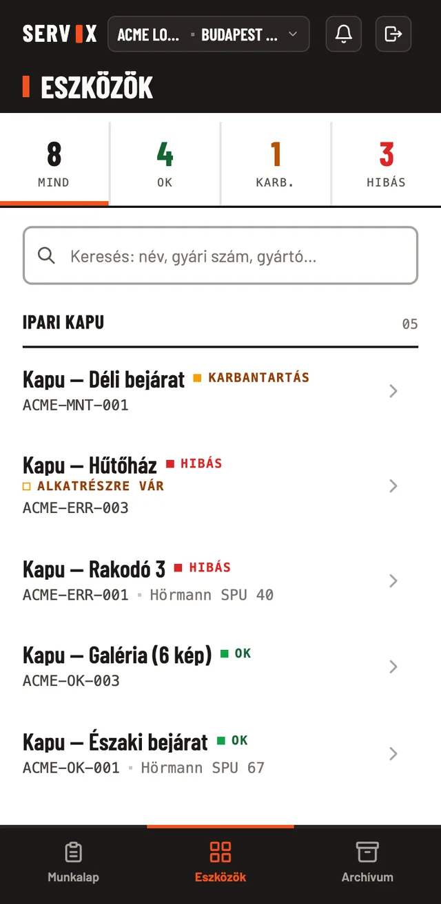 Servix eszközlista állapotokkal